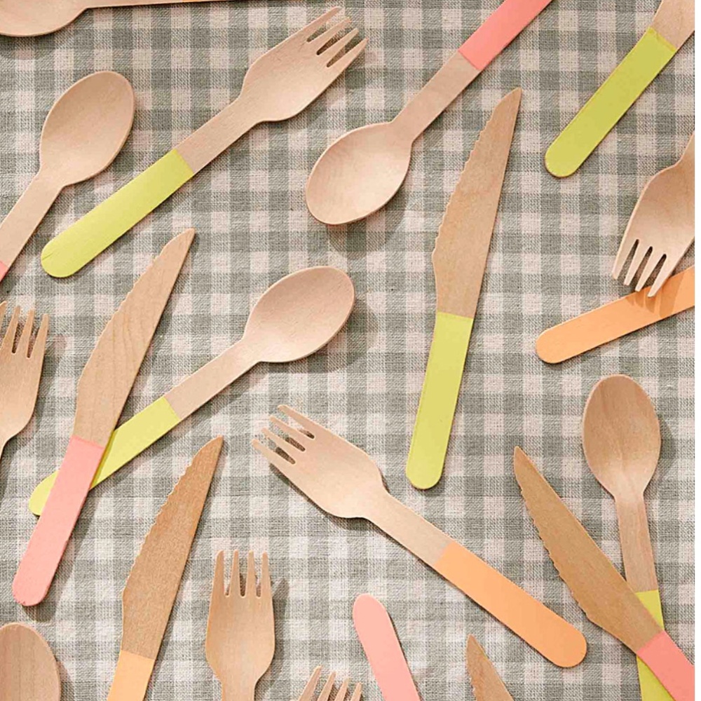 Meri Meri set of 24 neon accent wooden utensils NWT